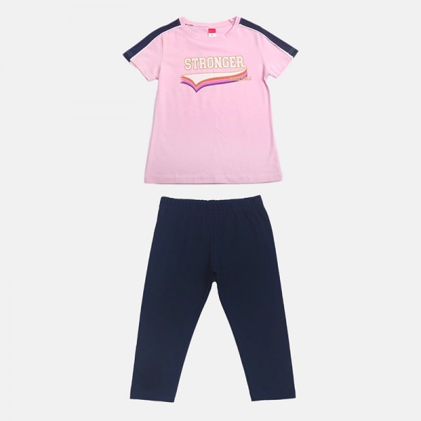 Σετ κολάν κάπρι - μπλούζα κοντομάνικη με στάμπα, ροζ - μπλε navy